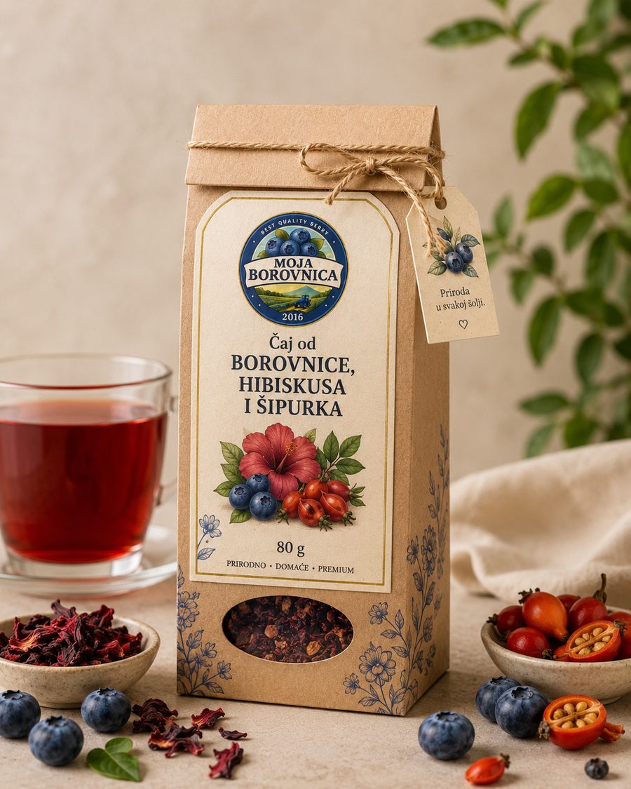 Kutija voćnog čaja od borovnice, hibiskusa i šipurka, 80 g