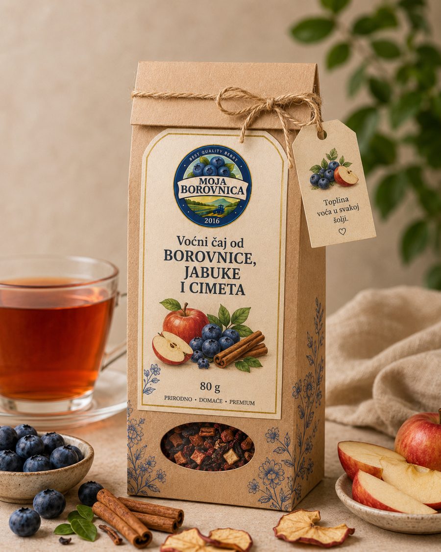 Kutija voćnog čaja od borovnice, jabuke i cimeta, 80 g