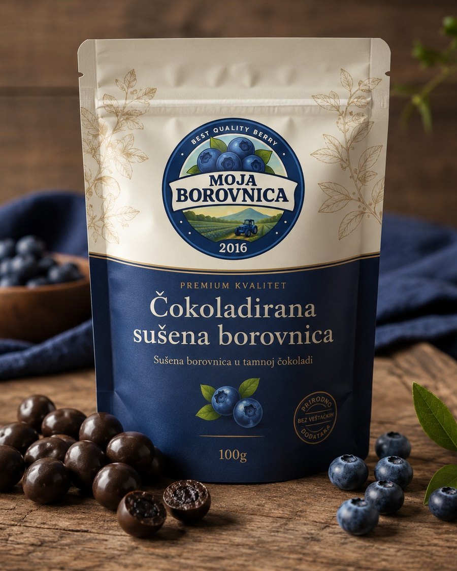 Najava novog proizvoda od borovnice — čokoladirana sušena borovnica u kesici, Moja Borovnica