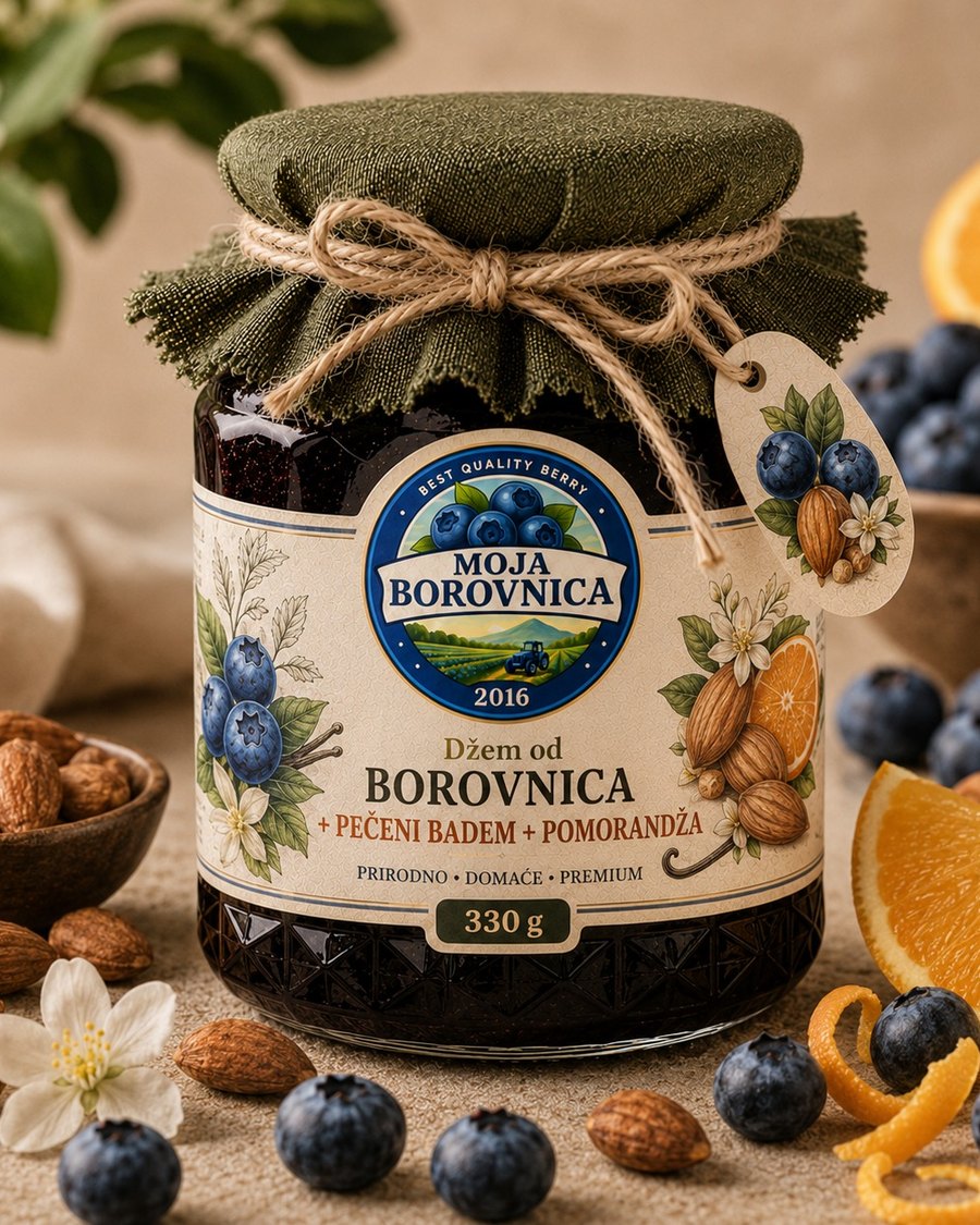 Najava proizvoda od borovnice u tegli — džem od borovnice, pečenog badema i pomorandže, Moja Borovnica