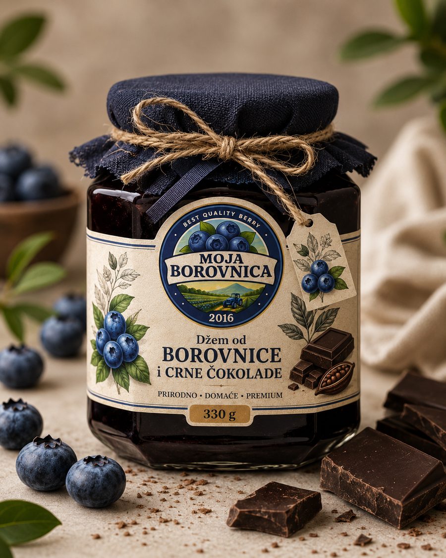 Tegla domaćeg džema od borovnice i crne čokolade, 330 g