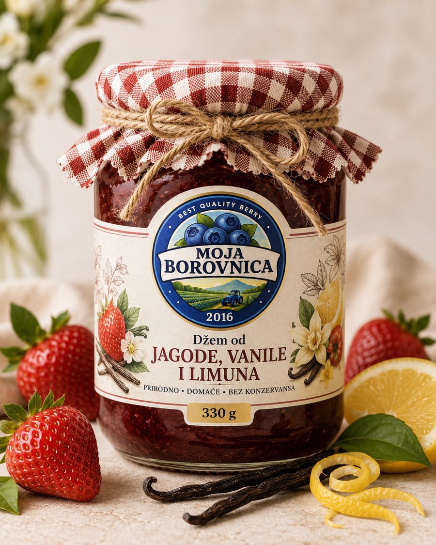 Tegla domaćeg džema od jagode, vanile i limuna, 330 g