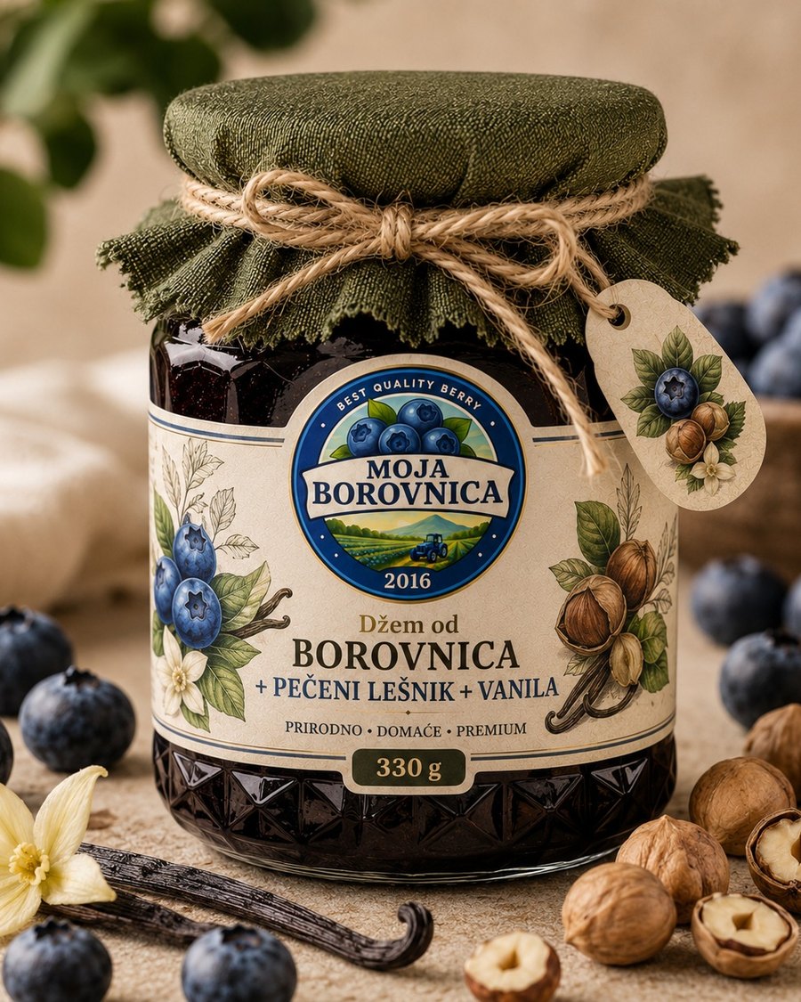 Najava proizvoda od borovnice u tegli — džem od borovnice, pečenog lešnika i vanile, Moja Borovnica