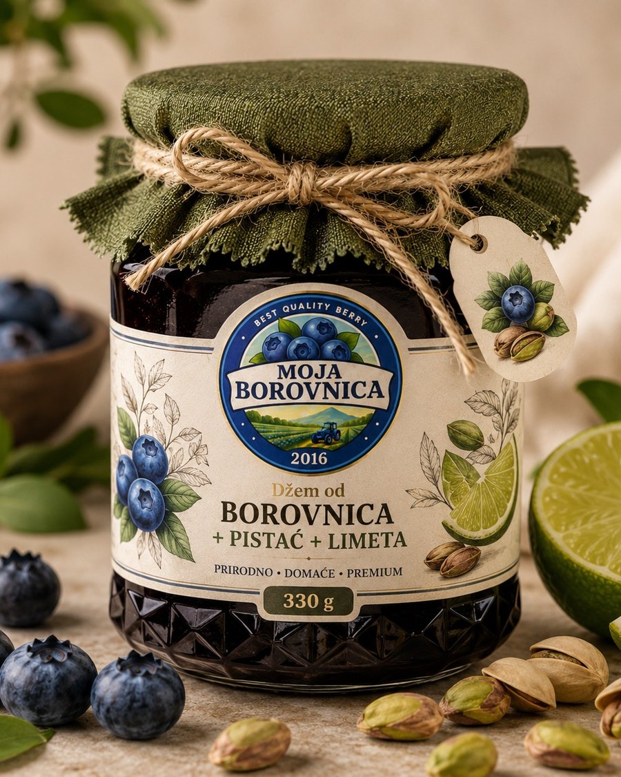 Najava proizvoda od borovnice u tegli — džem od borovnice, pistaća i limete, Moja Borovnica