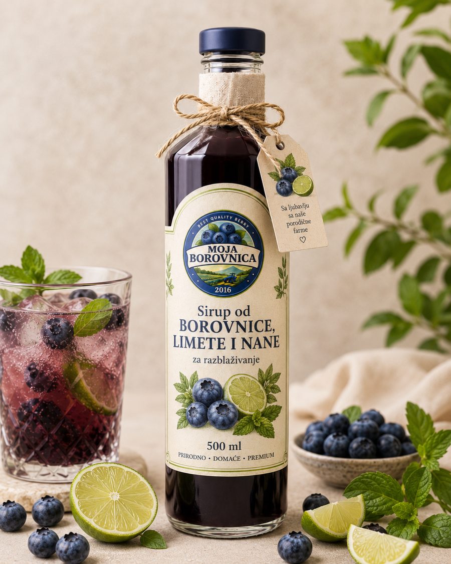 Flašica sirupa od borovnice, limete i nane, 500 ml