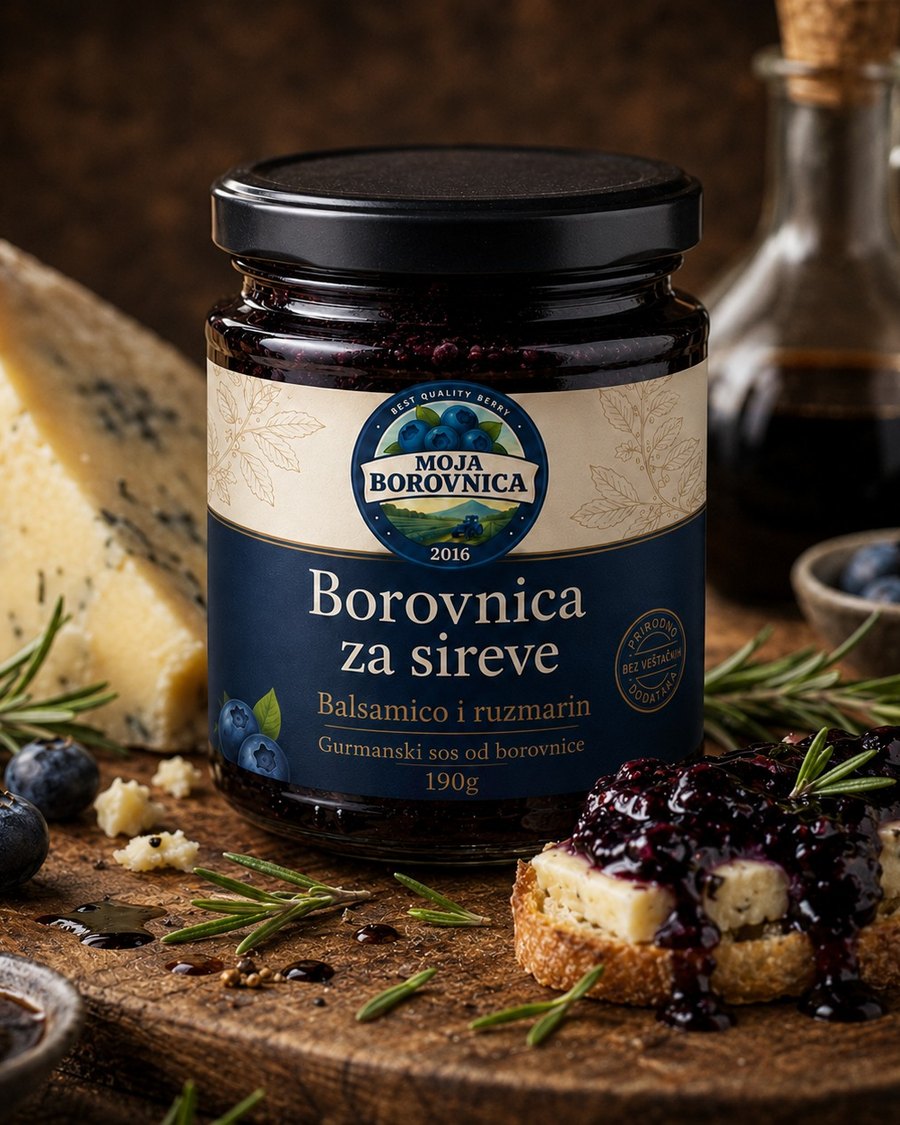 Najava proizvoda od borovnice u tegli — gurmanski sos za sireve sa balsamicom i ruzmarinom, Moja Borovnica