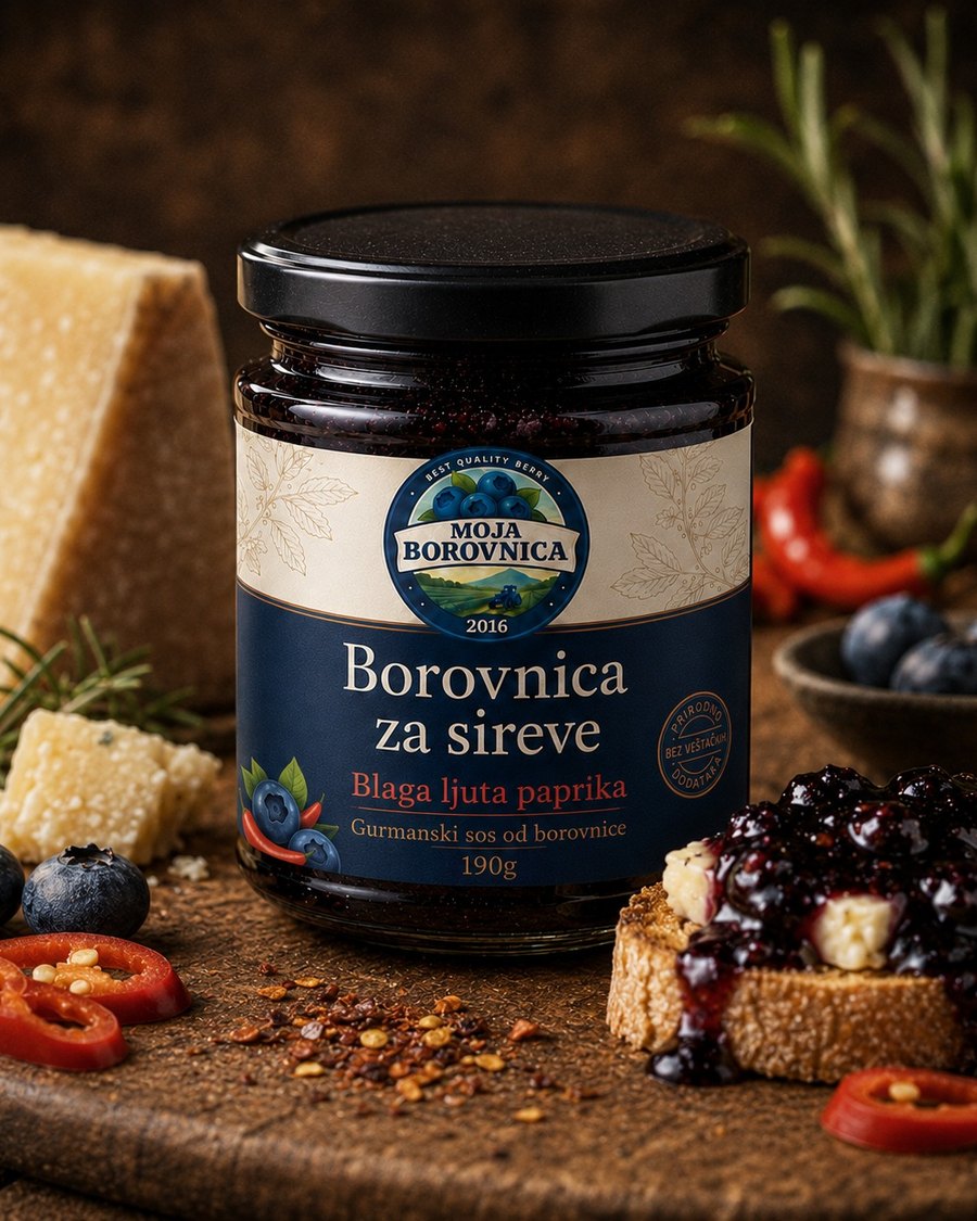Najava proizvoda od borovnice u tegli — gurmanski sos za sireve sa blagom ljutom paprikom, Moja Borovnica
