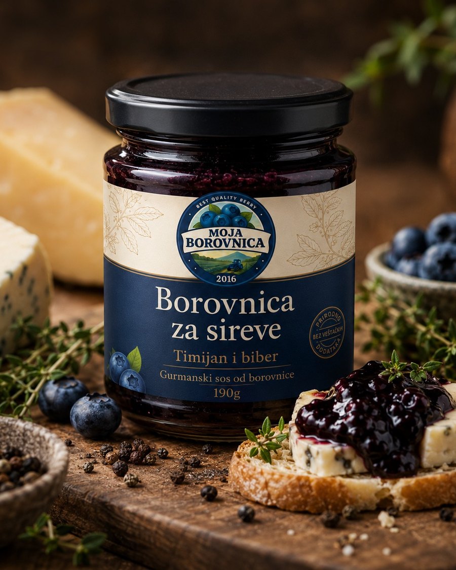 Najava proizvoda od borovnice u tegli — gurmanski sos za sireve sa timijanom i biberom, Moja Borovnica